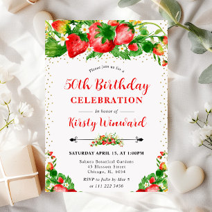 Aquarell Erdbeeren und Blumen 50. Geburtstag Einladung