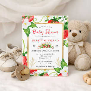 Aquarell Erdbeeren und Blumen Babyparty Einladung