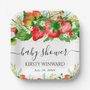 Aquarell Erdbeeren und Blumen Babyparty Pappteller