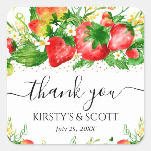 Aquarell-Erdbeeren und Blumen Hochzeit Quadratischer Aufkleber