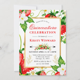 Aquarell-Erdbeeren und Blumen Quinceanera Einladung
