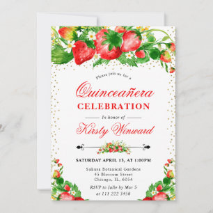 Aquarell-Erdbeeren und Blumen Quinceanera Einladung