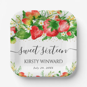 Aquarell Erdbeeren und Blumen Sweet Sixteen Pappteller
