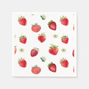 Aquarell-Erdbeerfrucht und Erdbeerblüten Serviette