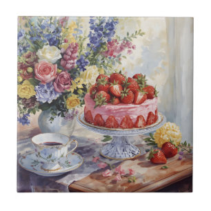 Aquarell-Erdbeerkuchen und Blumen-Stillleben Fliese