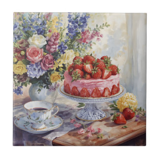 Aquarell-Erdbeerkuchen und Blumen-Stillleben Fliese