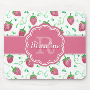 Aquarell-Erdbeermuster mit Monogramm Mousepad