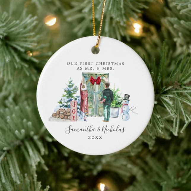 Aquarell | Erste Weihnachten als Herr & Mrs. Keramik Ornament (Baum)