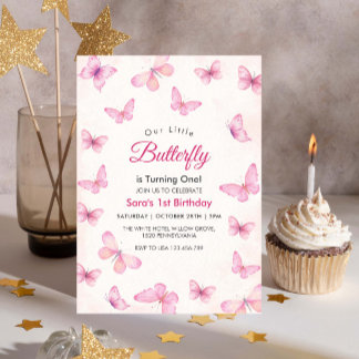 Aquarell Erster 1. Geburtstag Glitzer Schmetterlin Einladung