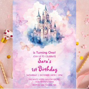 Aquarell Erster Geburtstag Burg & Schmetterling Einladung