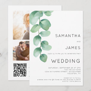 Aquarell-Eukalyptus 3 Fotos QR-Code Hochzeit Einladung