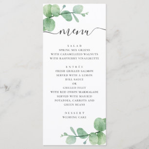 Aquarell-Eukalyptus. Elegante Schreibschrift-Hochz Menükarte