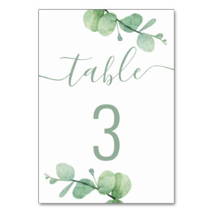 Aquarell-Eukalyptus. Elegante Schreibschrift-Hochz Tischnummer