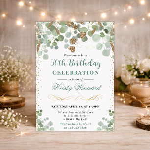 Aquarell-Eukalyptus-Gold-Glitter-Geburtstag Einladung