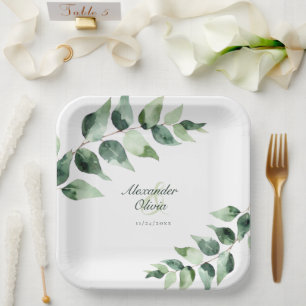 Aquarell-Eukalyptus-Hochzeit Weiß Pappteller