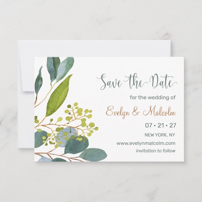 Aquarell, Eukalyptus Save the Date (Vorderseite)