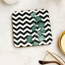 Aquarell-Eukalyptus Schwarz-Weiß-Chevron