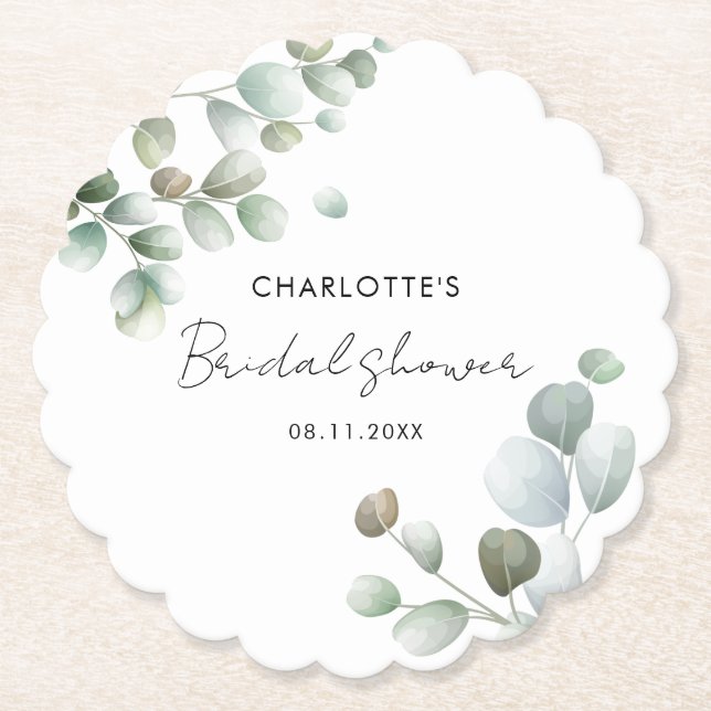 Aquarell-Eukalyptus-Script-Brautparty Untersetzer (Vorderseite)