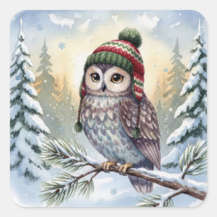 Aquarell-Eule mit Winterhut Quadratischer Aufkleber