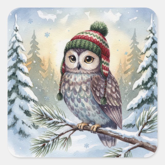 Aquarell-Eule mit Winterhut Quadratischer Aufkleber (Vorderseite)