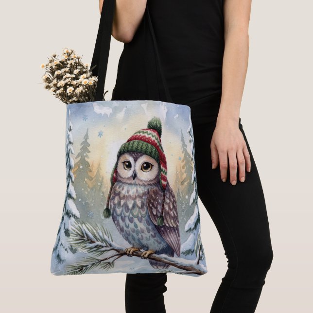 Aquarell-Eule mit Winterhut Tasche (Von Nahem)