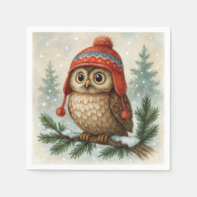 Aquarell-Eule mit Wintermütze Serviette (Vorderseite)