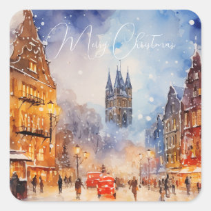 Aquarell Europäische Winter-Stadtlandschaft Weihna Quadratischer Aufkleber