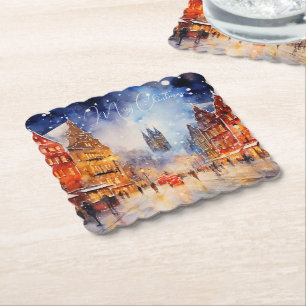 Aquarell Europäische Winter-Stadtlandschaft Weihna Untersetzer