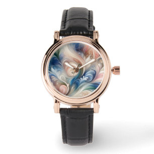 Aquarell-Fantasie-Blumenmuster in Pastellblau und  Armbanduhr