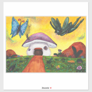 Aquarell-Fantasie-Fee-Schmetterling-Pilzhaus Aufkleber