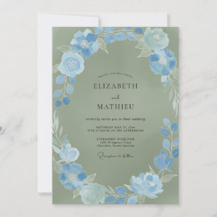 Aquarell-Farben: Staubig-azurblaue Blüten-Hochzeit Einladung