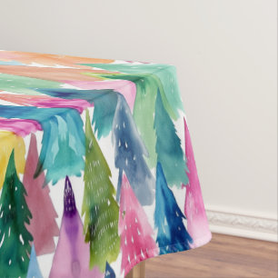 Aquarell Farbige Helle Regenbogen-Weihnachtsbäume Tischdecke