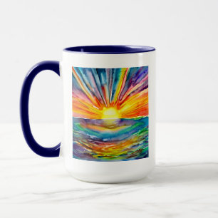 Aquarell Farbiger Sonnenuntergang über dem Wasser Tasse