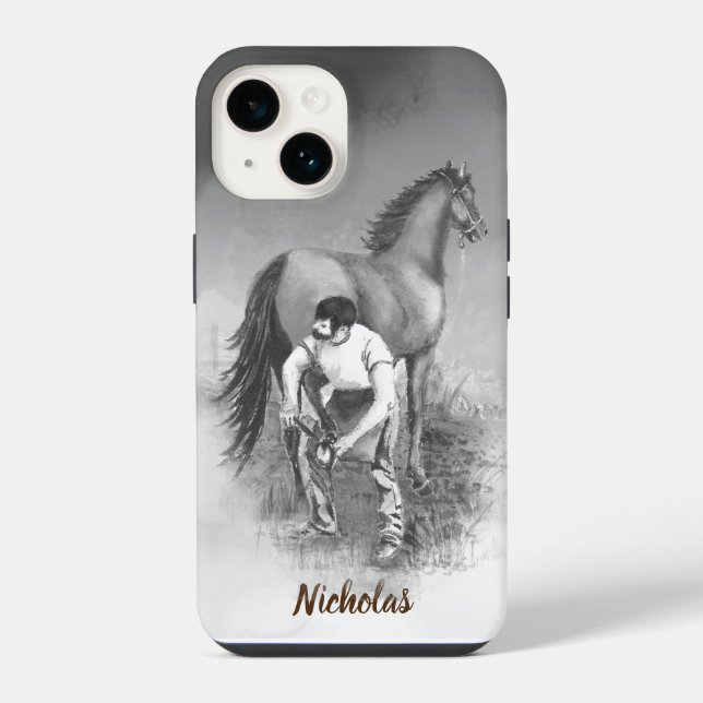 Aquarell Farrier Reitsport Individuelle Name iPhone 14 Hülle (Rückseite)