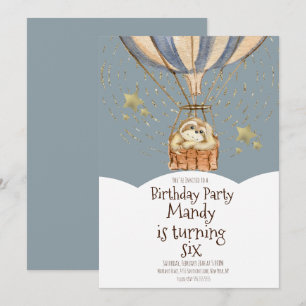 Aquarell-Faultier Luftballon Geburtstag Staubblau Einladung