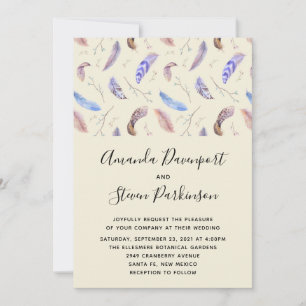 Aquarell-Federn und Blätter Hochzeit Einladung
