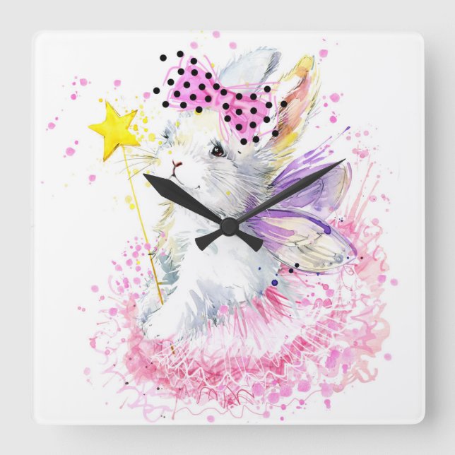 Aquarell-Fee-Häschen Quadratische Wanduhr (Vorderseite)