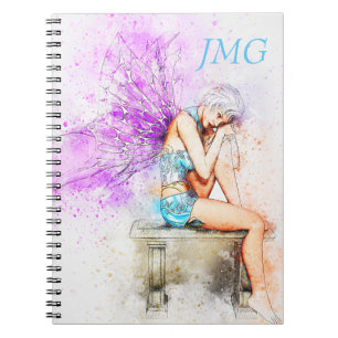 Aquarell-Fee in Blau mit Monogramm Notizblock