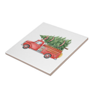 Aquarell Feuerwehrmann Weihnachten Feuerwehrauto Fliese