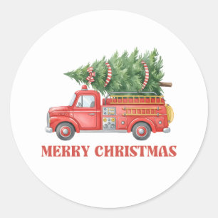 Aquarell-Feuerwehrmann-Weihnachten-Feuerwehrauto  Runder Aufkleber