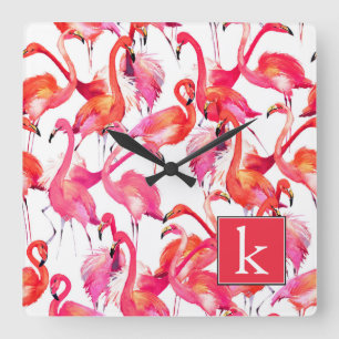 Aquarell-Flamingo in den Aquarellen   addieren Quadratische Wanduhr