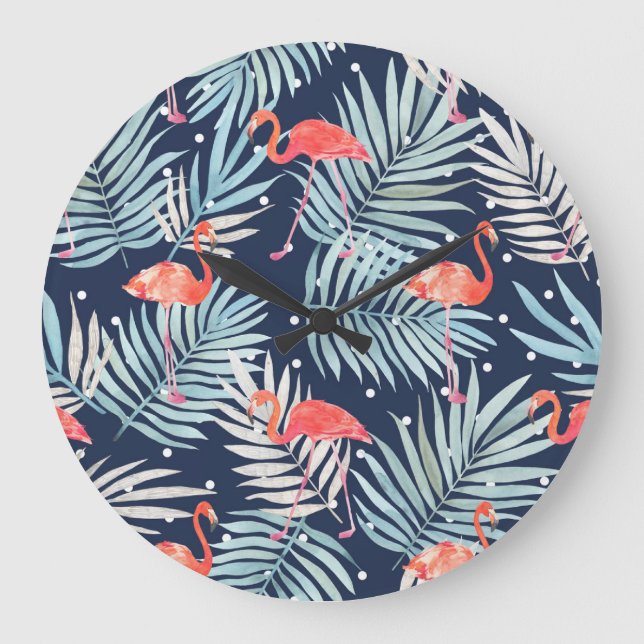 Aquarell Flamingo: Rosa tropische Eleganz. Große Wanduhr (Vorderseite)