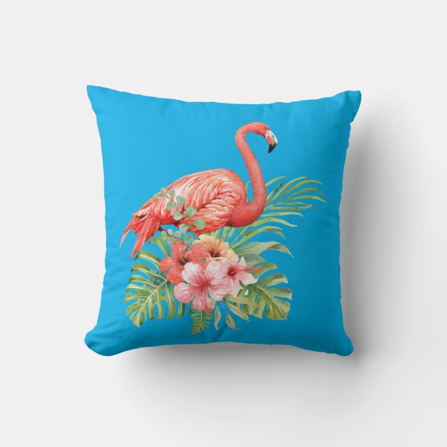 Aquarell Flamingo und Hibiskus Blume Kissen (Vorderseite)
