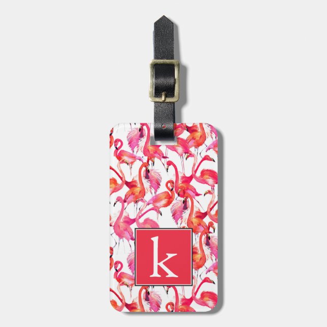 Aquarell-Flamingos dem Monogramm in der Aquarell-| Gepäckanhänger (Vorderseite vertikal)