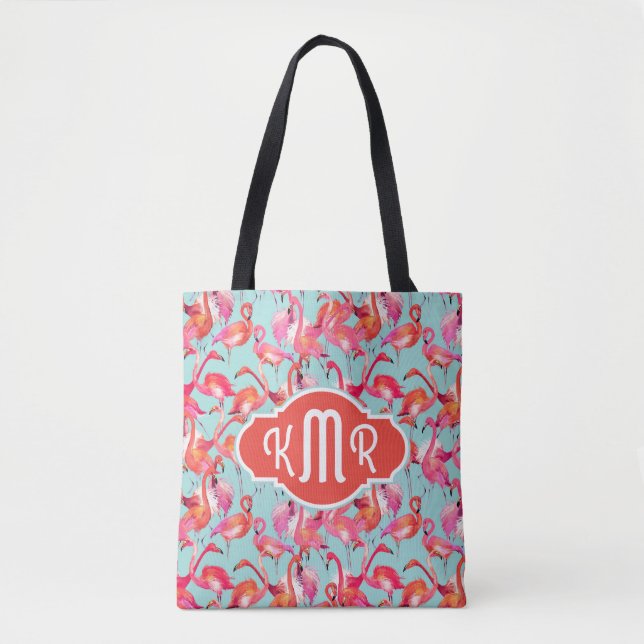 Aquarell-Flamingos erfassten | Monogramm Tasche (Vorderseite)