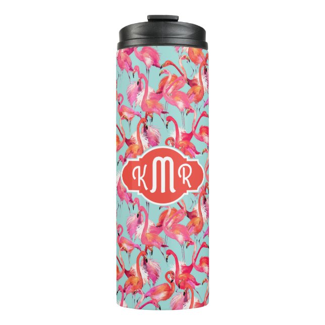 Aquarell-Flamingos erfassten | Monogramm Thermosbecher (Vorderseite)