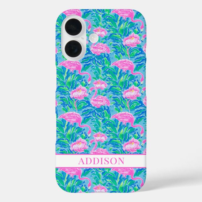 Aquarell-Flamingos mit Monogramm iPhone 16 Hülle (Rückseite)