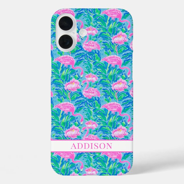 Aquarell-Flamingos mit Monogramm iPhone 16 Plus Hülle (Rückseite)