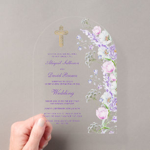 Aquarell Flieder Blumen Bogen Religiöse Hochzeit Acryleinladungen