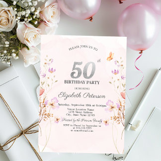 Aquarell Flieder Wildblumen Lila 50. Geburtstag Einladung